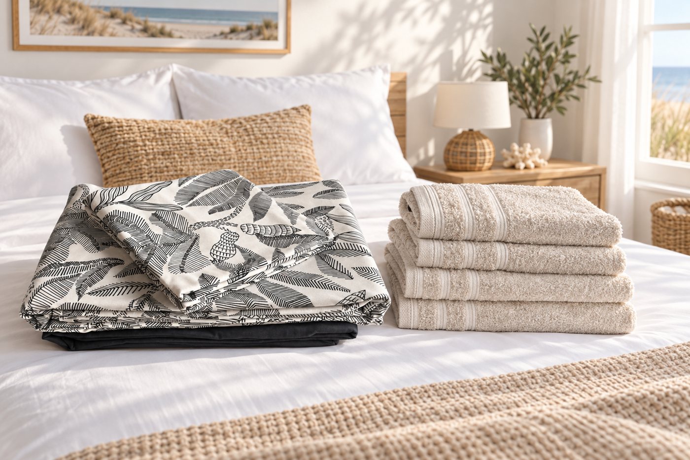 Parure de draps et serviettes de bain pliées sur un lit